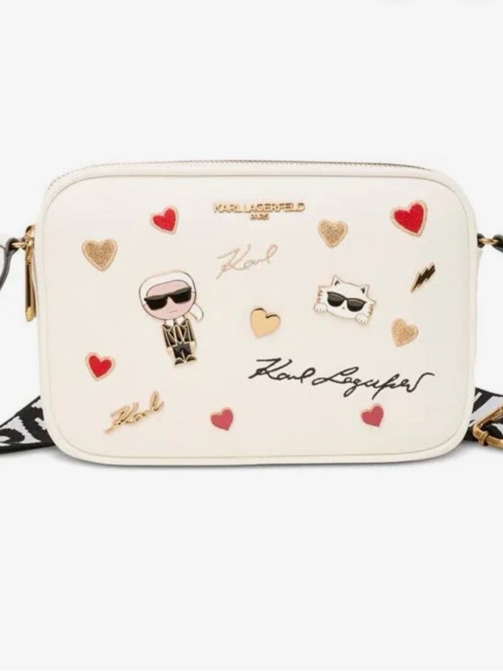 Karl Lagerfeld Cream Crossbody Bag with Red & Gold Heart Embellishments